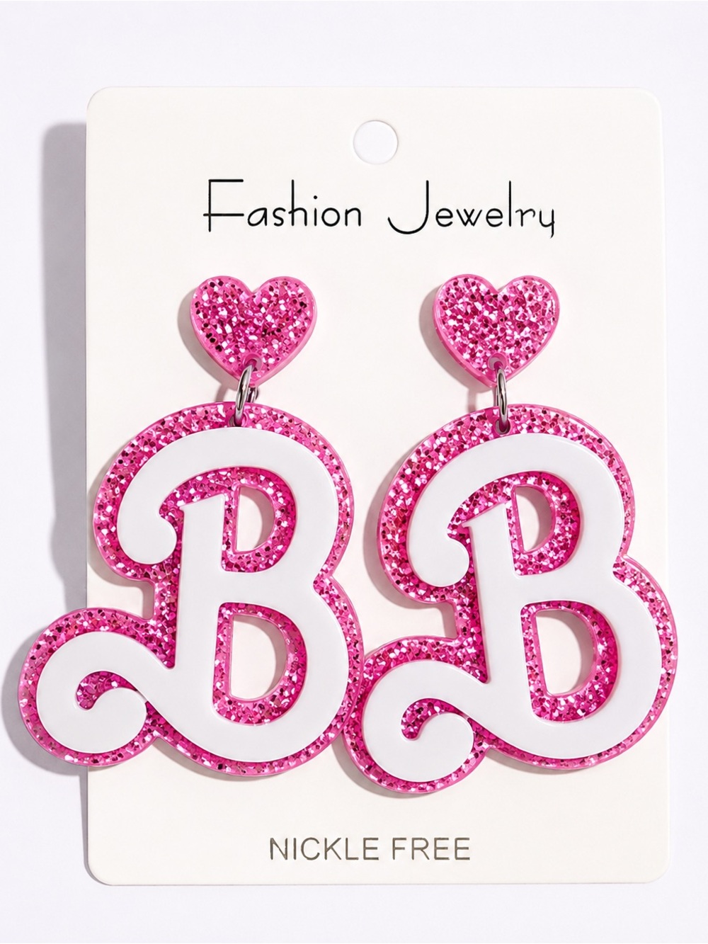 ✨Pink Glitter Letter B Earrings Barbiecore Heart Dangle Statement Earrings